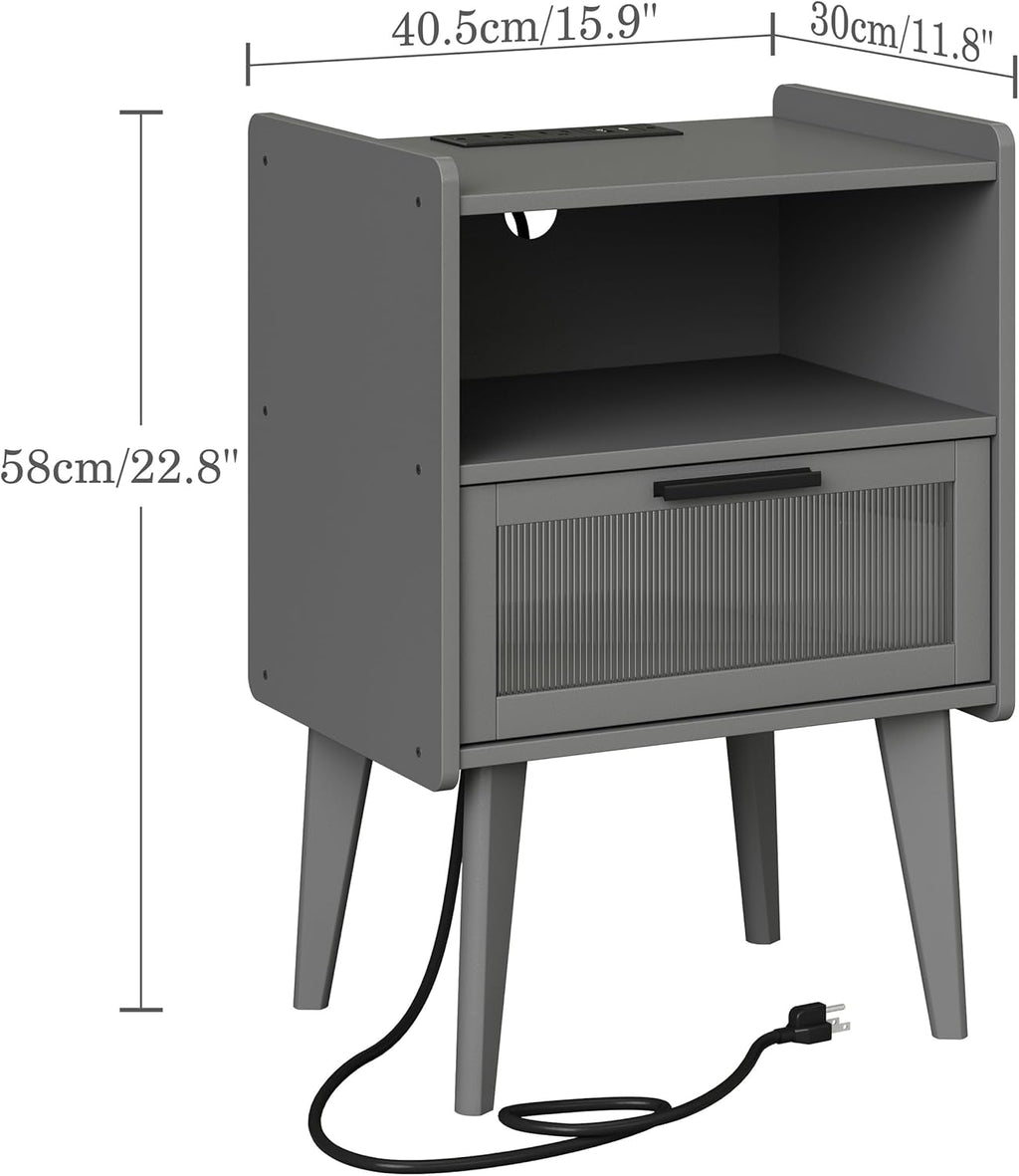 MMEOLUOOK Nightstand with Charging Station, Bedside Tables Set of 2, End Table Side Table with 2 Tiers Storage Space, for Bedroom, Living Room, Grey MLBZ07ZEV-2
