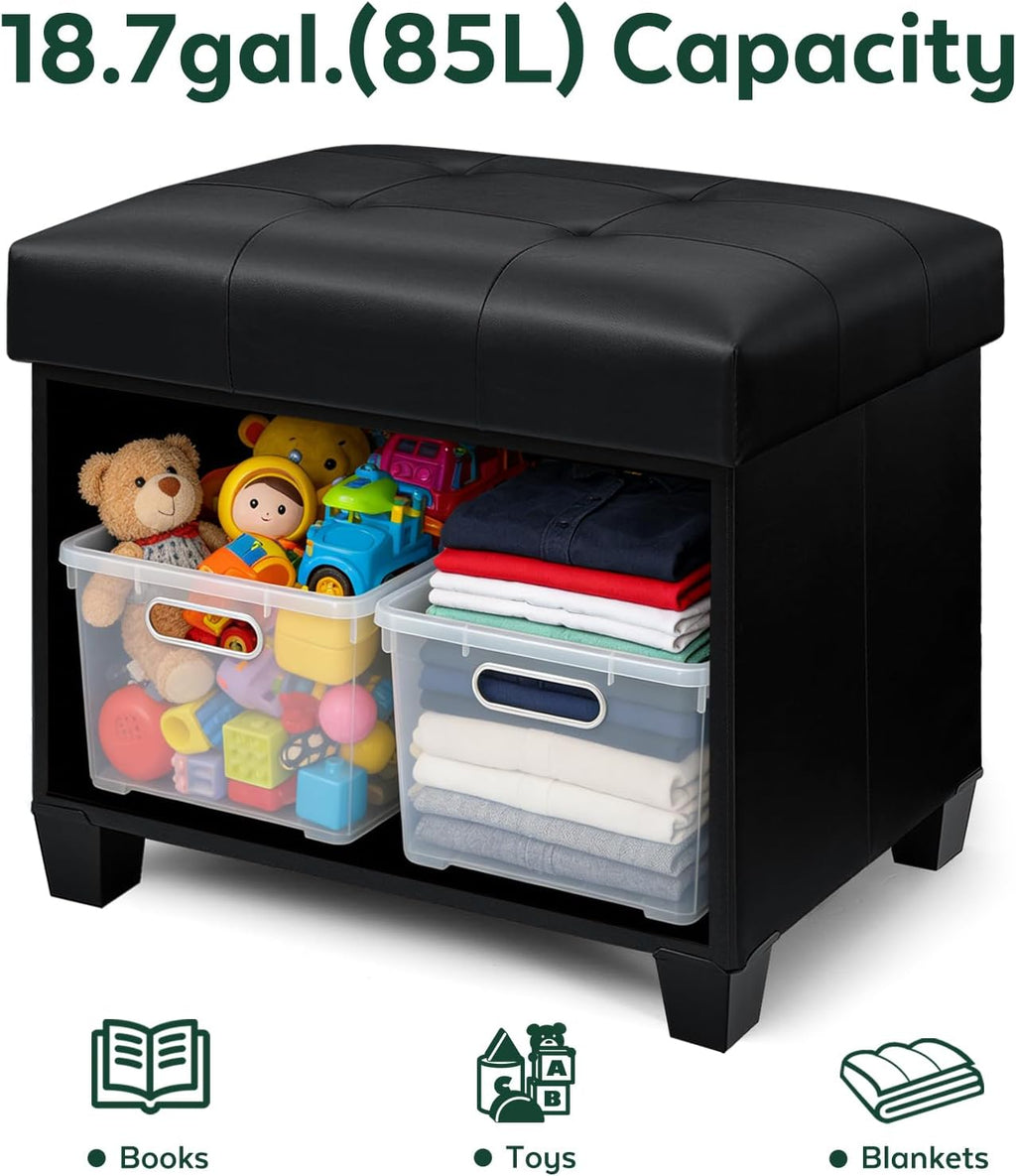 Ottoman with Storage, Rectangular Storage Ottoman, Faux Leather Ottomans with Legs for Living Room Bedroom Dorm, 23.6" D x 17.7" W x 19.9" H, Jet Black