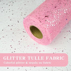 Glitter Tulle Rolls, 6” by 50 Yards (150FT) Sparkling Tulle Spool Ribbon Sequin Tulle Netting Fabric for Tutu Skirt Wedding Birthday Baby Shower (Pink)