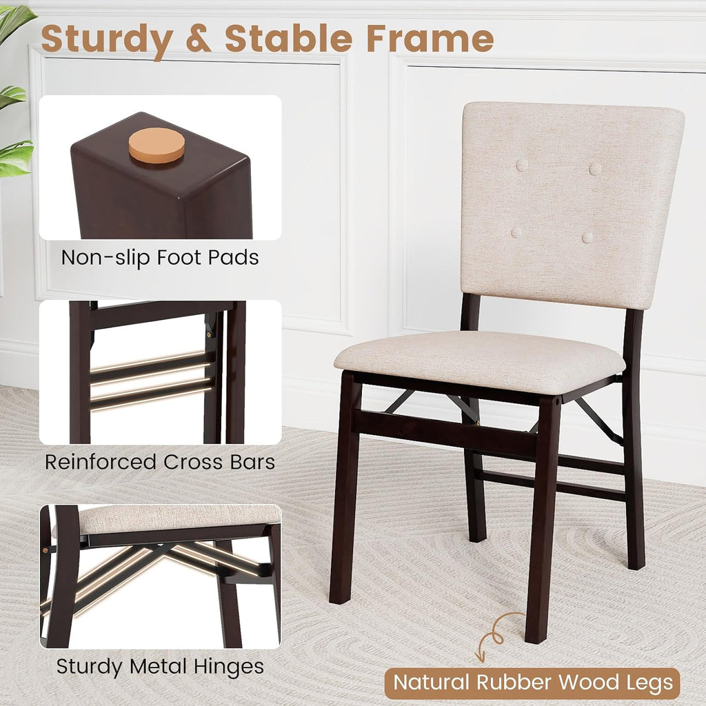 Giantex Folding Dining Chairs Set of 2, Armless Kitchen Chair w/Padded Seat & Tilt Backrest, Rubber Wood Legs, Upholstered Accent Side Chairs for Dining Room, Living Room, Restaurant