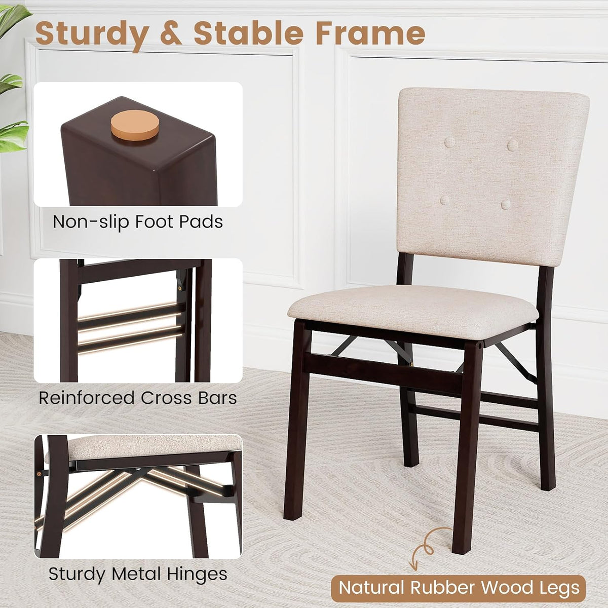 Giantex Folding Dining Chairs Set of 2, Armless Kitchen Chair w/Padded Seat & Tilt Backrest, Rubber Wood Legs, Upholstered Accent Side Chairs for Dining Room, Living Room, Restaurant