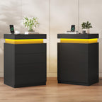 ADORNEVE Black Night Stand with Drawers and LED Lights | Bedside Table with Charging Station,Large Nightstand with Sliding Top,Modern End Side Table for Bedroom