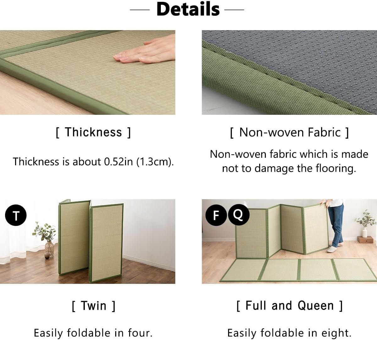 EMOOR Japanese Tatami Mat Twin Natural Rush Grass (Undyed), Foldable Igusa Mattress Floor Sleeping Japanese Futon Mattress Meditation Yoga Zen