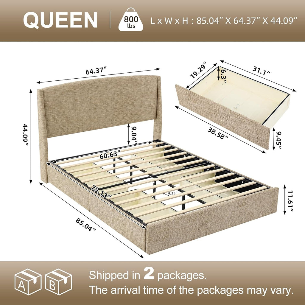 VELOCAVA Queen Storage Bed Frame with Curved Wingback Headboard, Linen-Look Upholstered Platform Bed Frame with 4 Pull-Out Drawers, Wood Slat Support, No Box Spring Needed, Beige