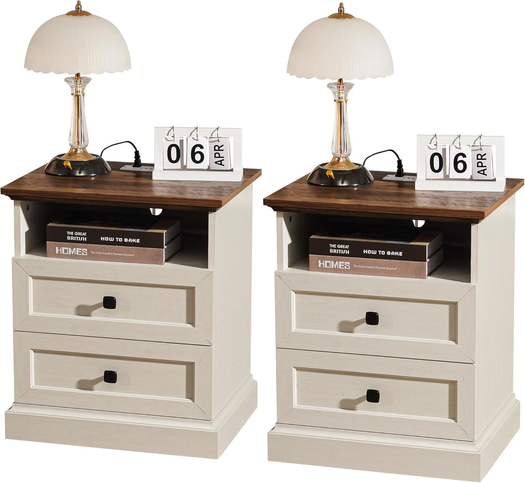 24.5" Farmhouse Night Stand Bedside Table with 3 Drawer for Bedroom | Set of 2 Wood Nightstand End Table with Open Shelf Outlet and USB for Bedroom, Closet, Antique White