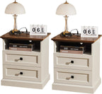 24.5" Farmhouse Night Stand Bedside Table with 3 Drawer for Bedroom | Set of 2 Wood Nightstand End Table with Open Shelf Outlet and USB for Bedroom, Closet, Antique White