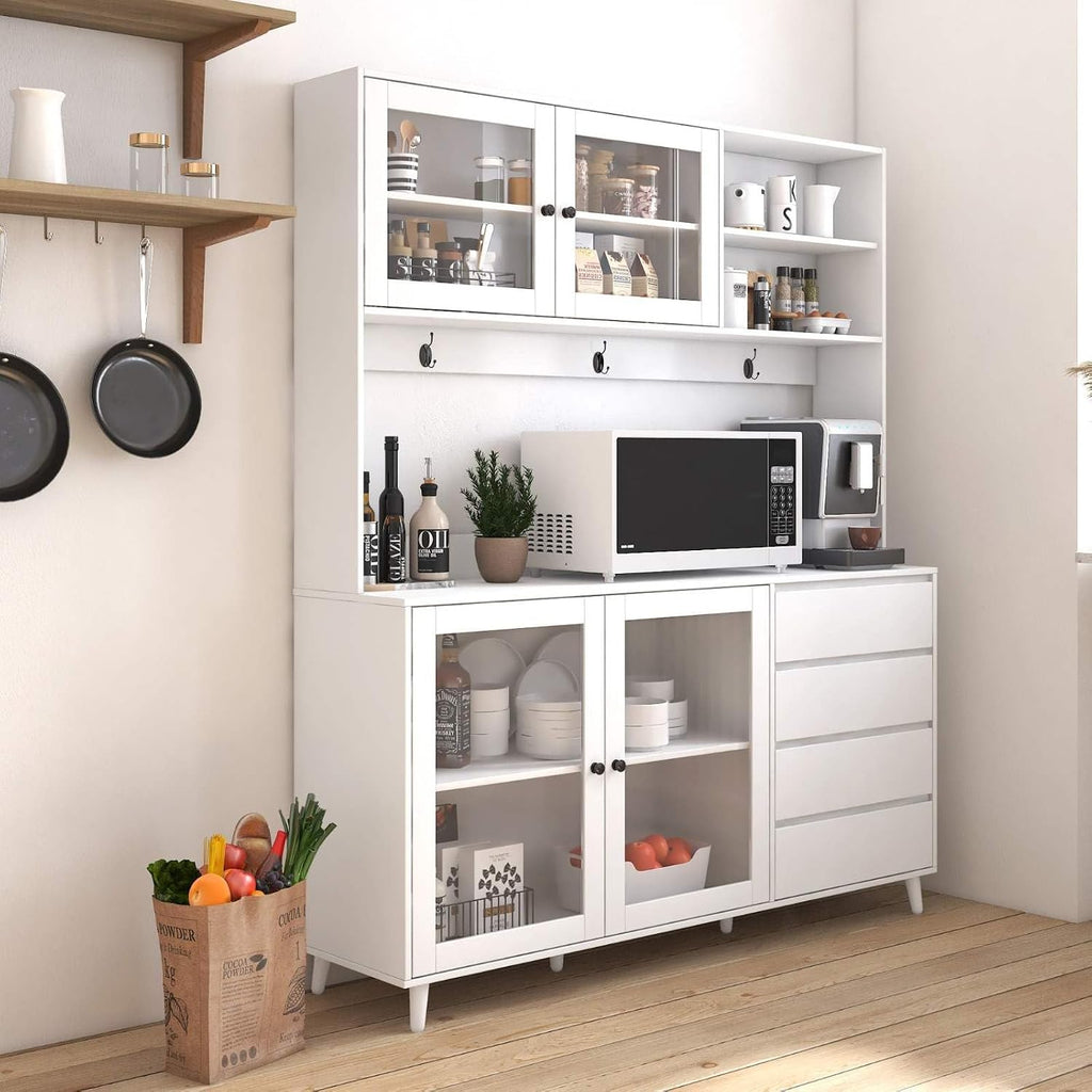 Modern White Kitchen Buffet and Hutch Storage Cabinet with Glass Doors, 4 Drawers, Open Shelves, and Hooks, Multifunctional Sideboard for Dining Room and Kitchen Organization