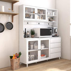 Modern White Kitchen Buffet and Hutch Storage Cabinet with Glass Doors, 4 Drawers, Open Shelves, and Hooks, Multifunctional Sideboard for Dining Room and Kitchen Organization