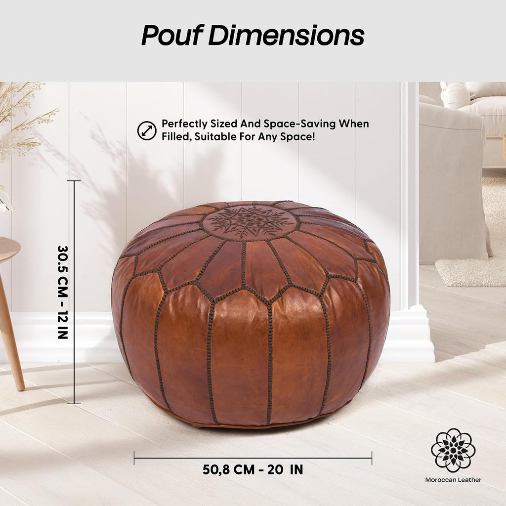 Moroccan Leather Handmade Pouf Ottoman Cover, Unstuffed Foot Stool, Round Boho Footrest for Living Room, Bedroom, Home Decor Gift (Dark Tan By Brown)