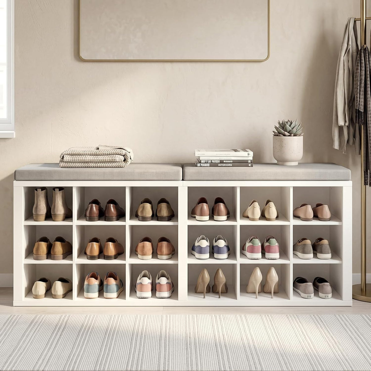 AMONIDA Shoe Storage Bench with Cushion, Entryway Bench with Shoe Storage,18 Cubby Shoe Bench with Removable Dividers, Shoe Organizer Bench for Entryway, Living Room, Light Grey (18, White)