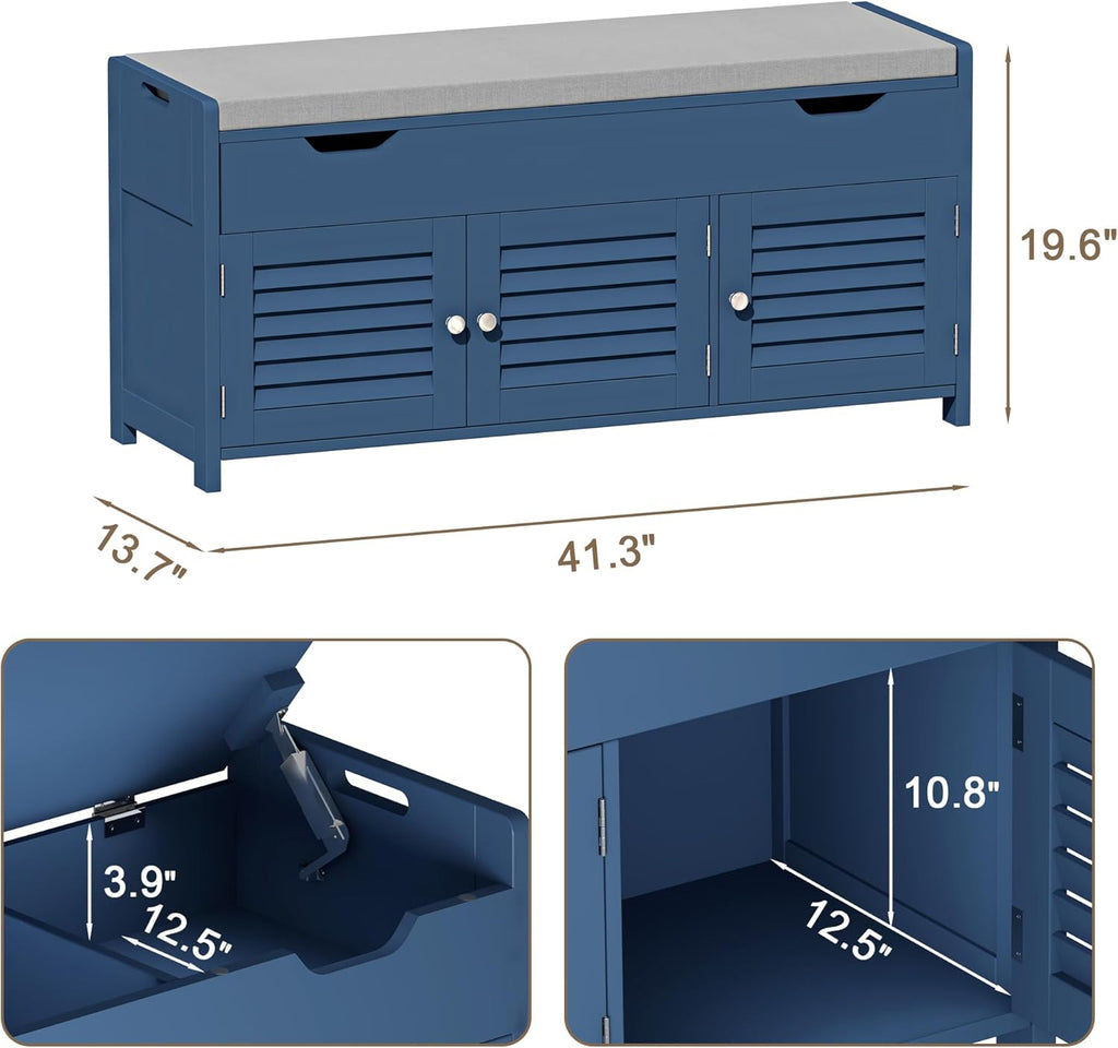 ChooChoo 41.3" Shoe Storage Bench with Lift Top Storage, Entryway Bench with Cushioned Seat, Adjustable Shelf, Shoe Cabinet with Hidden Space, for Entryway, Bedroom, Living Room, Blue
