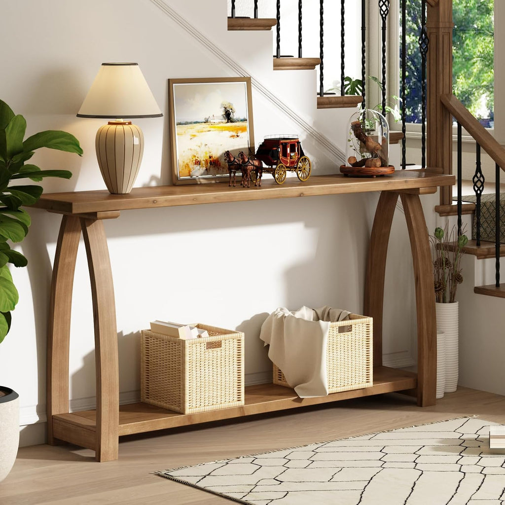 HOKYHOKY Solid Wood Console Table, 63" Long Farmhouse Entryway Tables Narrow Behind Couch Table with A-Shaped Curved Legs, Rustic Skinny Sofa Tables for Living Room, Hallway or Foyer
