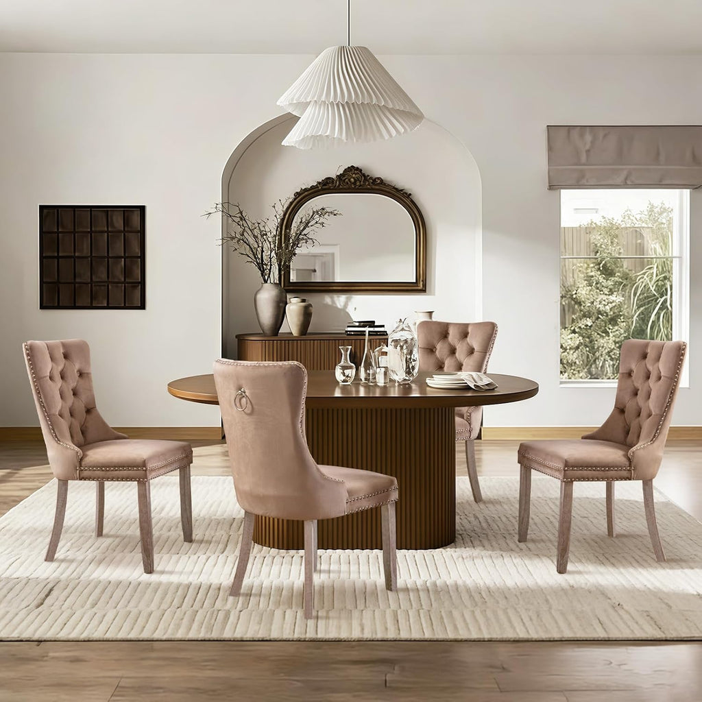 SoarFlash Velvet Dining Chairs Set of 4, Tall Back Side Chair, Modern Upholstered High-end Tufted Side Chair with Button Back Ring, Solid Wood Legs (Khaki)