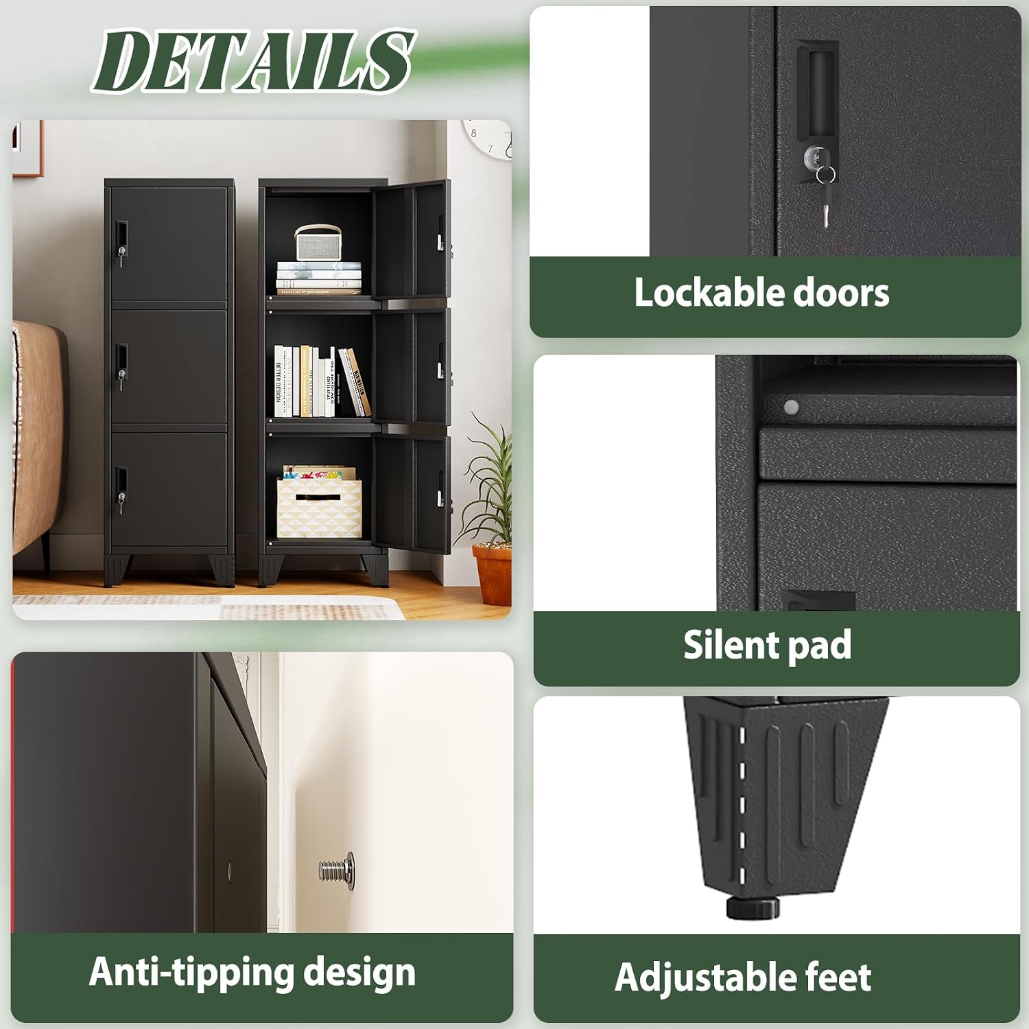 Metal Lockers for Employees-3 Doors Storage Locker with Shelves and Lockable Steel Cabinet for School,Gym,Office,Staff,Assembly Required,Black