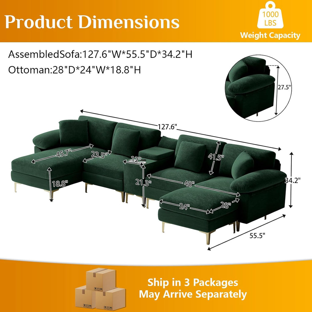 Wrofly 128" U-Shaped Sectional Sofa w/USB, Cup Holders & Ottoman, Green | Green velvet sofa w/gold legs, modular U/L convertible, USB, cup holders, storage console, ottoman, sturdy, easy assembly.