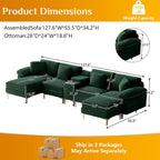 Wrofly 128" U-Shaped Sectional Sofa w/USB, Cup Holders & Ottoman, Green | Green velvet sofa w/gold legs, modular U/L convertible, USB, cup holders, storage console, ottoman, sturdy, easy assembly.