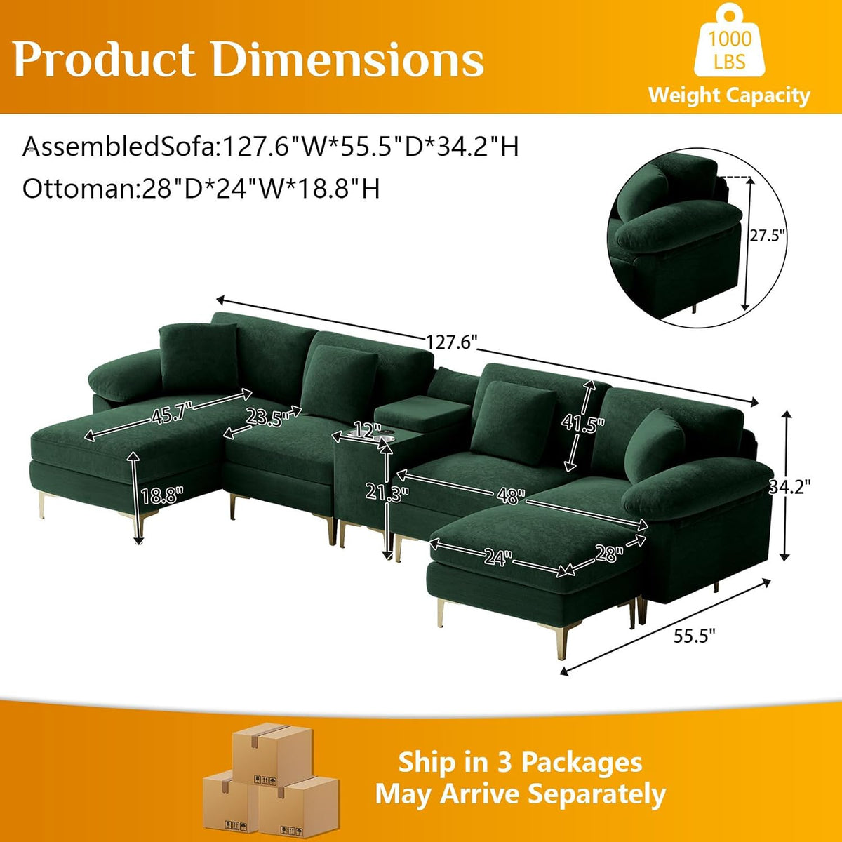 Wrofly 128" U-Shaped Sectional Sofa w/USB, Cup Holders & Ottoman, Green | Green velvet sofa w/gold legs, modular U/L convertible, USB, cup holders, storage console, ottoman, sturdy, easy assembly.