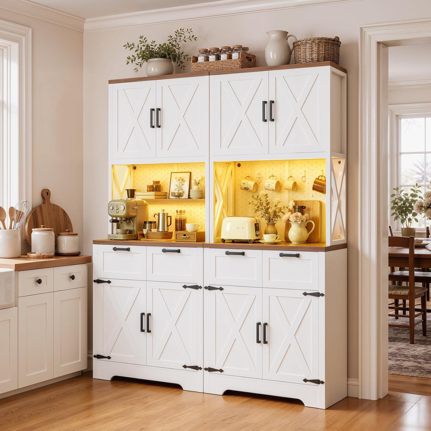 Unikito 71" Tall Kitchen Pantry Cabinet with Microwave Countertop, 63" Wide Pantry Storage Cabinet with Charging Station & LED Lights,Large Kitchen Hutch Cabinet with Drawers for Dining Room, White
