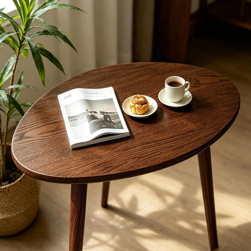 Walnut Oval Side Table, 17.5''D x 25.6''W x 19.7''H, Mid Century Modern Small Coffee Table with 3 Tapered Legs, Solid Oak Wood for Small Spaces, Living Room, Apartments, Easy Assembly