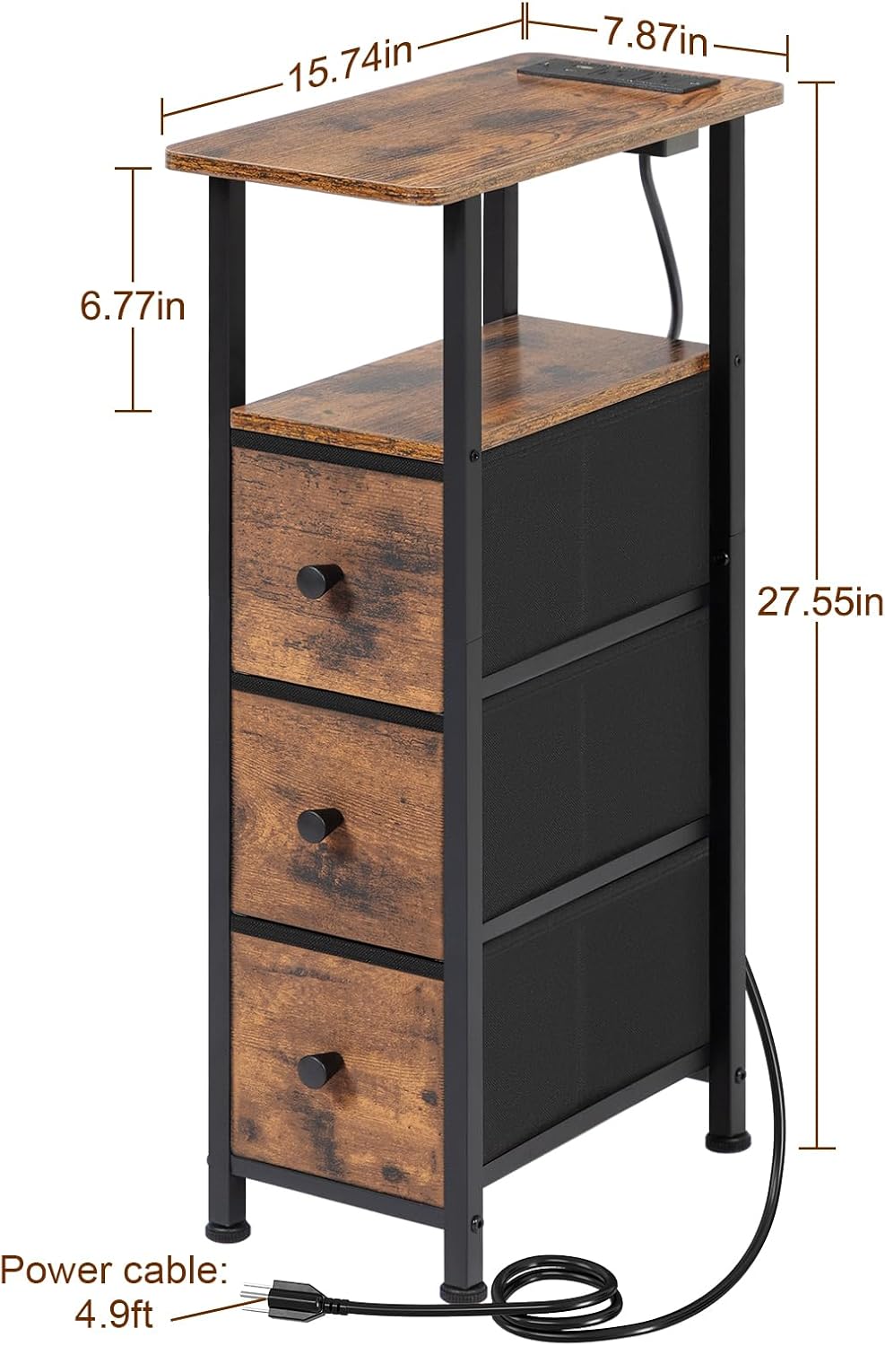 LOAKEKEL Narrow End Tables Living Room Set of 2 with Charging Station, Skinny Side Table with Fabric Drawers, Slim Nightstand for Bedroom, Small Spaces, Couch, Brown, HETNDP03BR
