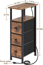 LOAKEKEL Narrow End Tables Living Room Set of 2 with Charging Station, Skinny Side Table with Fabric Drawers, Slim Nightstand for Bedroom, Small Spaces, Couch, Brown, HETNDP03BR