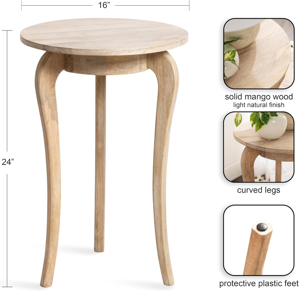 Kate and Laurel Mariona Coastal Round Mango Wood Side Table, 16 x 16 x 24, Light Natural, Modern Circle End Table with Classic Curved Legs for Living Room Home Decor or Bedroom Nightstand Decor