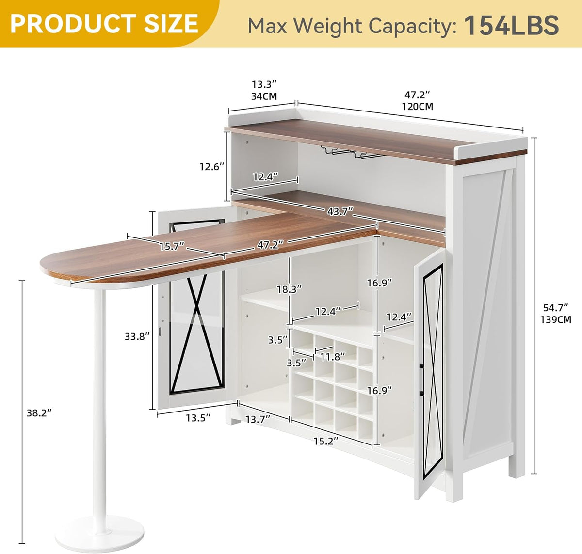 DWVO Farmhouse Wine Bar Cabinet with LED Lights, 47" Coffee Bar Station w/Bar Table, Wine Racks and Glass Holders, Clear Barn Door, Wood Kitchen Buffet Cabinet w/Storage for Living Dining Room, White