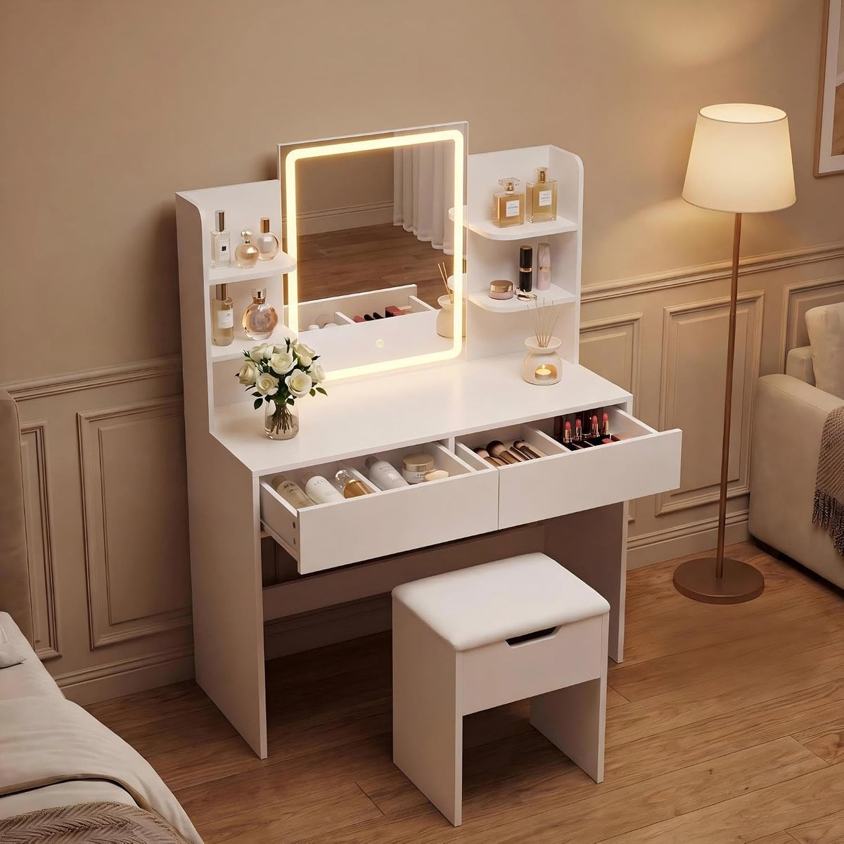 YESHOMY 35.4 Inch Vanity Desk Set with LED Mirror and Lights, Modern White | Makeup Vanity Set with 2 Drawers, Side Shelves, Storage Bench, Open Shelves and 3 Color Lighting Modes