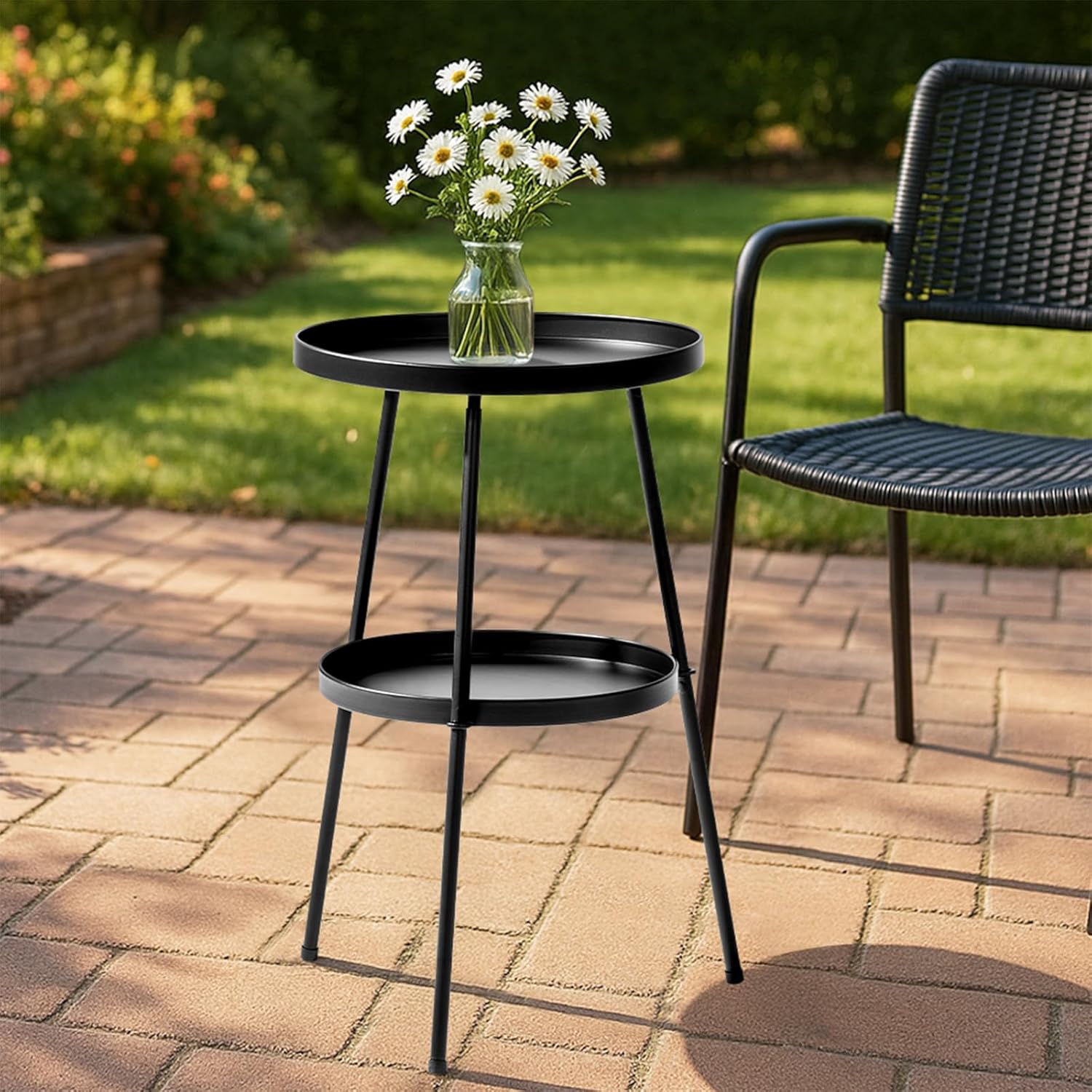 Vasitelan 2 Tier Side End Table Metal Round Coffee Tables Nightstand for Small Spaces Indoor Outdoor