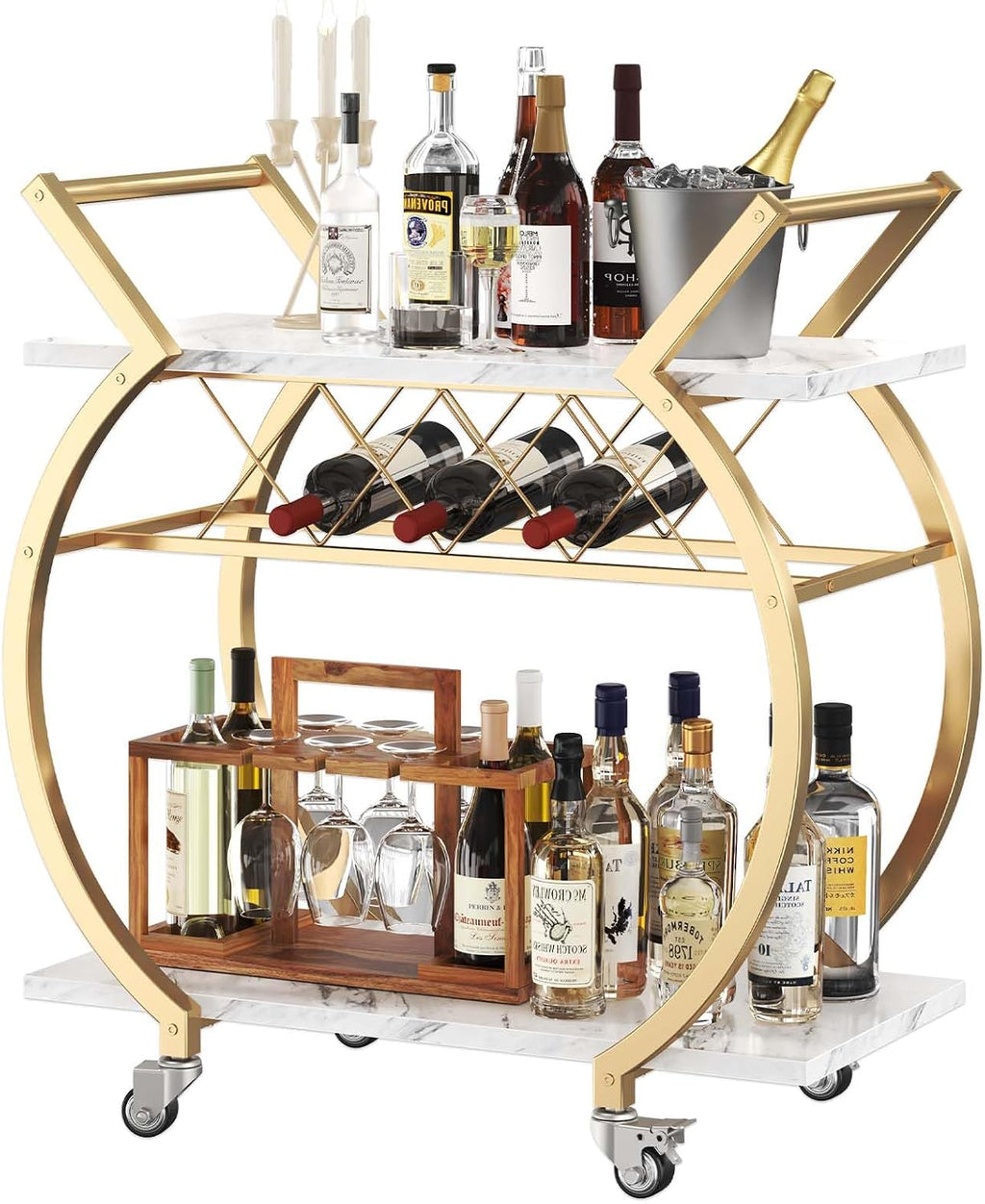 LVB Gold Bar Cart with Wheels, Modern White Marble Home Bar Serving Cart | Drink Cart with Wine Rack, Metal Wooden Beverage Cart, Rolling Kitchen Cart for Home Dining Room,Gold White Marble