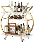 LVB Gold Bar Cart with Wheels, Modern White Marble Home Bar Serving Cart | Drink Cart with Wine Rack, Metal Wooden Beverage Cart, Rolling Kitchen Cart for Home Dining Room,Gold White Marble