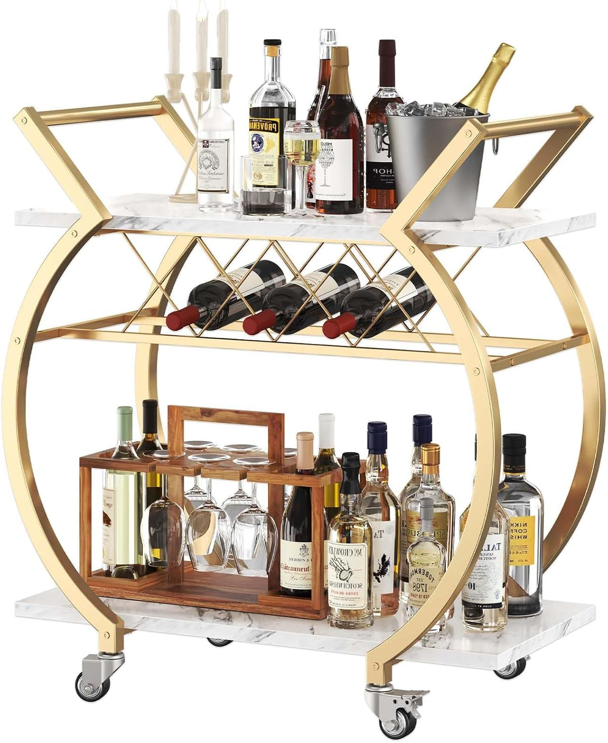 LVB Gold Bar Cart with Wheels, Modern White Marble Home Bar Serving Cart | Drink Cart with Wine Rack, Metal Wooden Beverage Cart, Rolling Kitchen Cart for Home Dining Room,Gold White Marble
