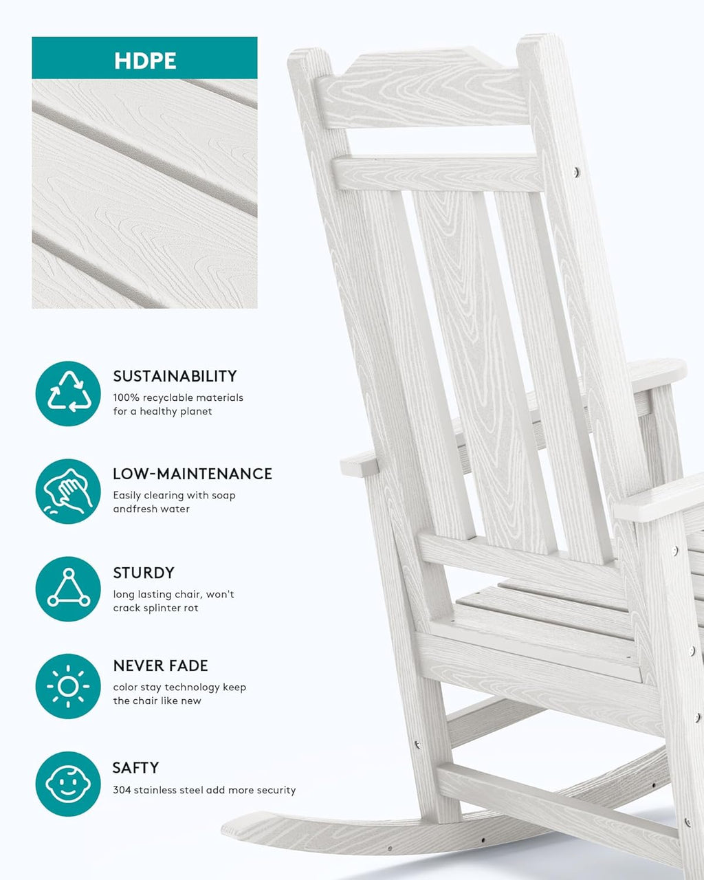 SERWALL Oversized Outdoor Rocking Chair Set of 2, HDPE Outdoor Rocking Chair for Adults, White