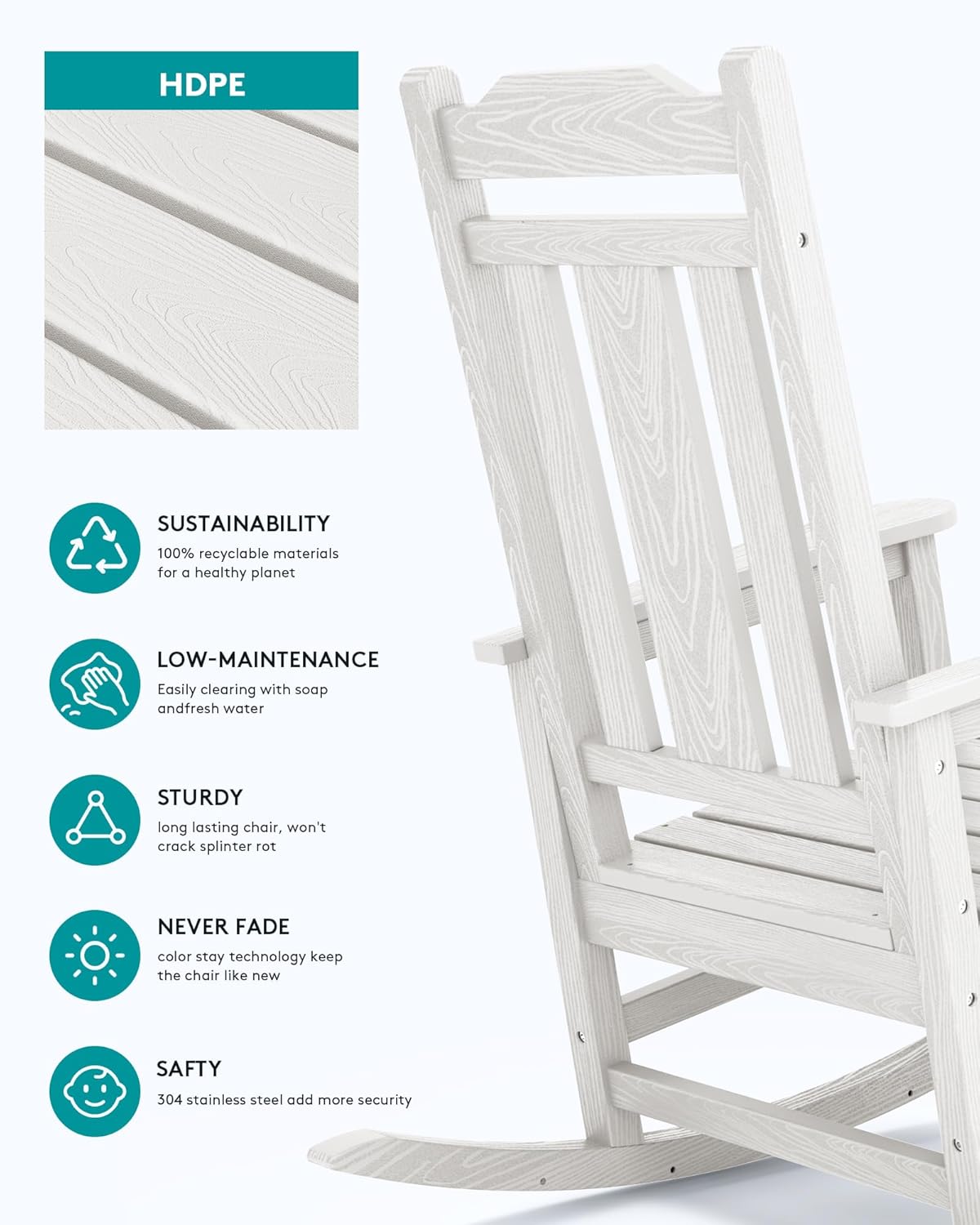 SERWALL Oversized Outdoor Rocking Chair Set of 2, HDPE Outdoor Rocking Chair for Adults, White