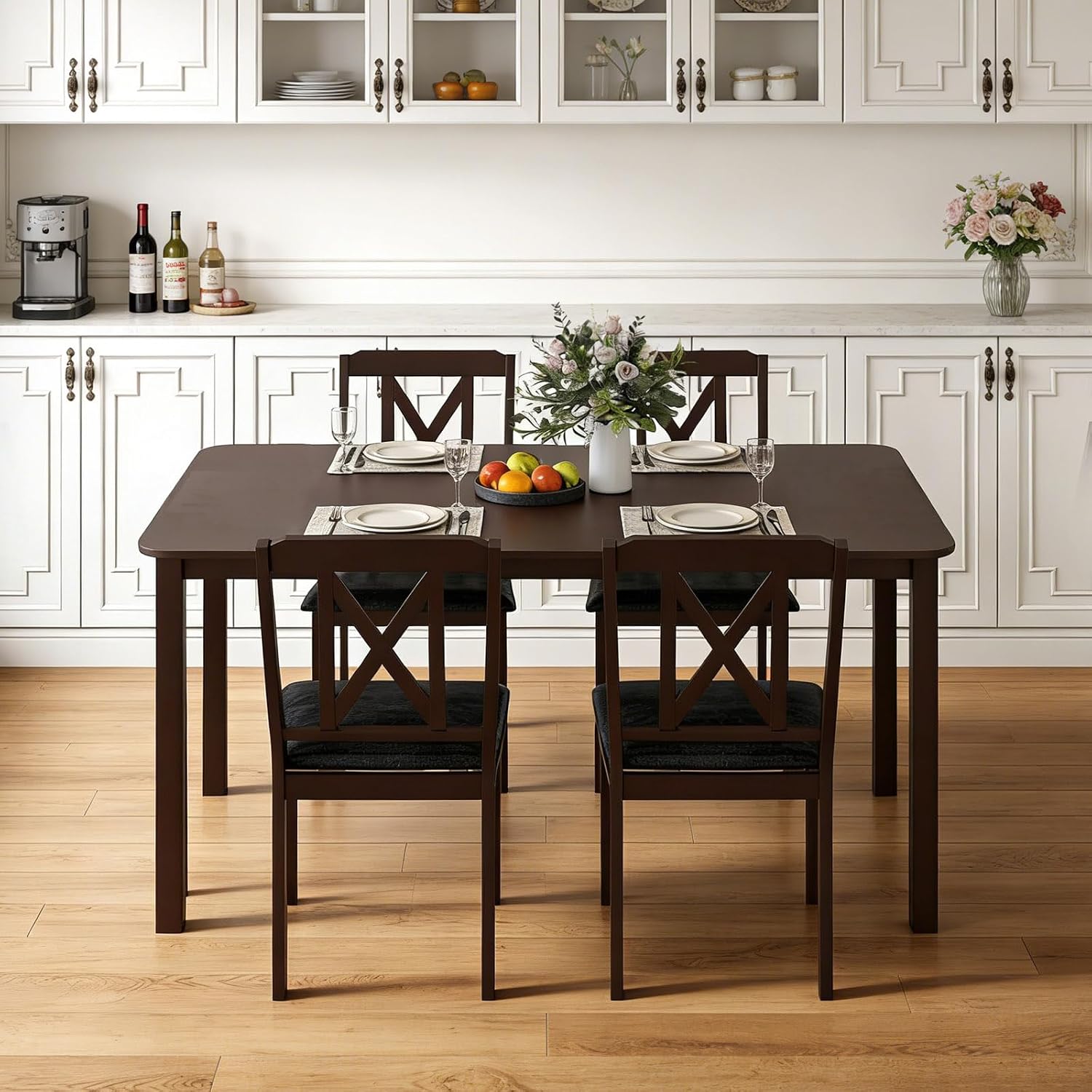 Giantex 5-Piece Dining Table Set for 4, 47" Rectangular Kitchen Table & 4 Chairs with Rubber Wood Legs, Upholstered Seat, Space-Saving Dinette Set for Small Spaces, Living Room, Apartment, Restaurant