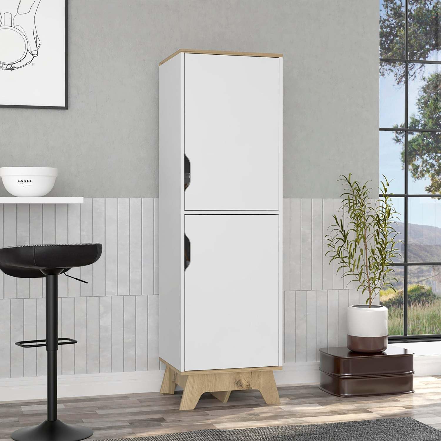 British Single Kitchen Pantry, Four Storage Shelves, Double Doors Cabinets for Kitchen Organization & Stylish Storage Solutions