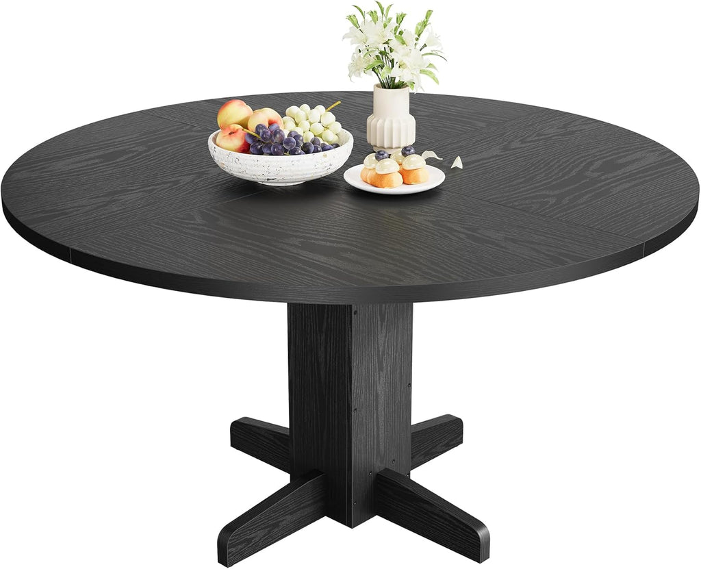 IDEALHOUSE Round Dining Table for 4-6 People, 47" Wood Kitchen Table with Sturdy Pedestal Base, Farmhouse Circle Dinner Tables for Dining Room, Living Room, Apartment, Black