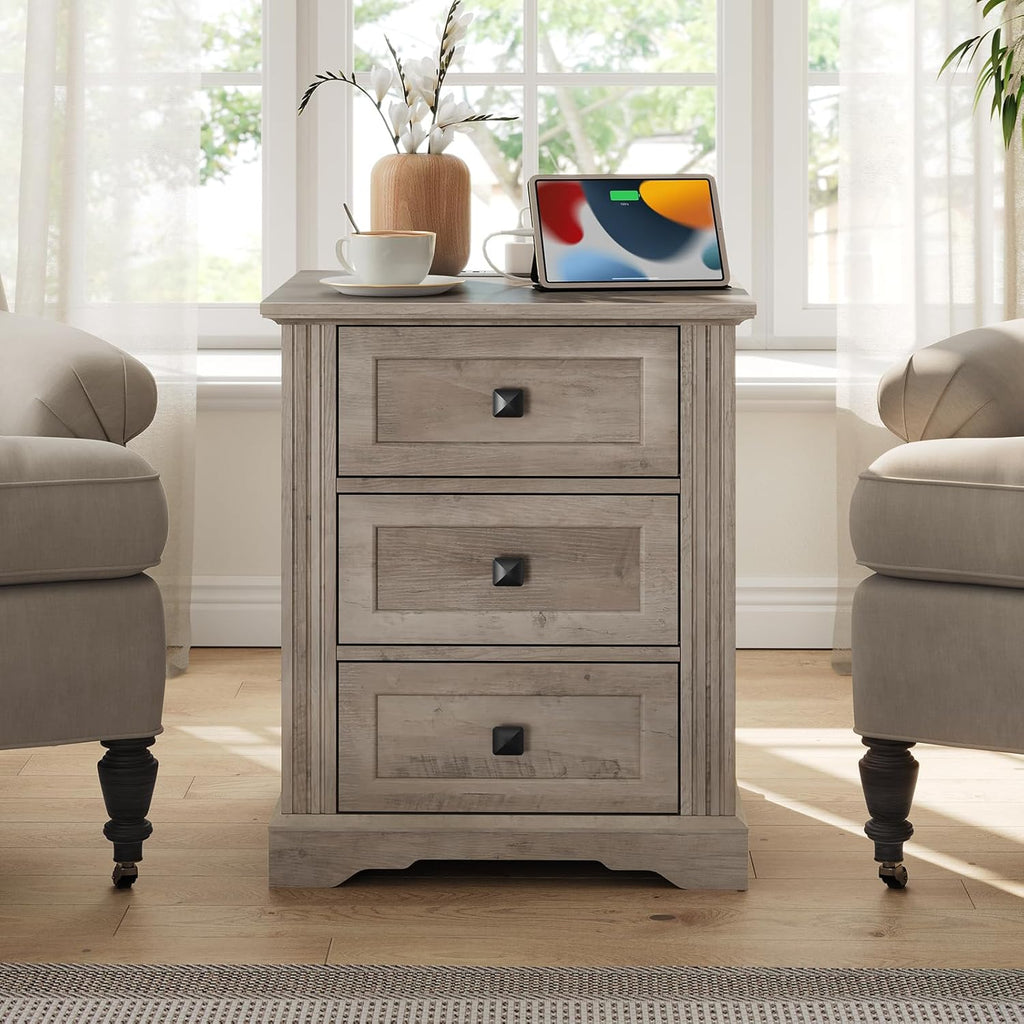 RALGEND Nightstand Set of 2, Night Stand with 3 Drawers, 18 Inch Wide End Table with Charging Station, Farmhouse Nightstand, Bedside End Tables Living Room, Bedroom, Greige