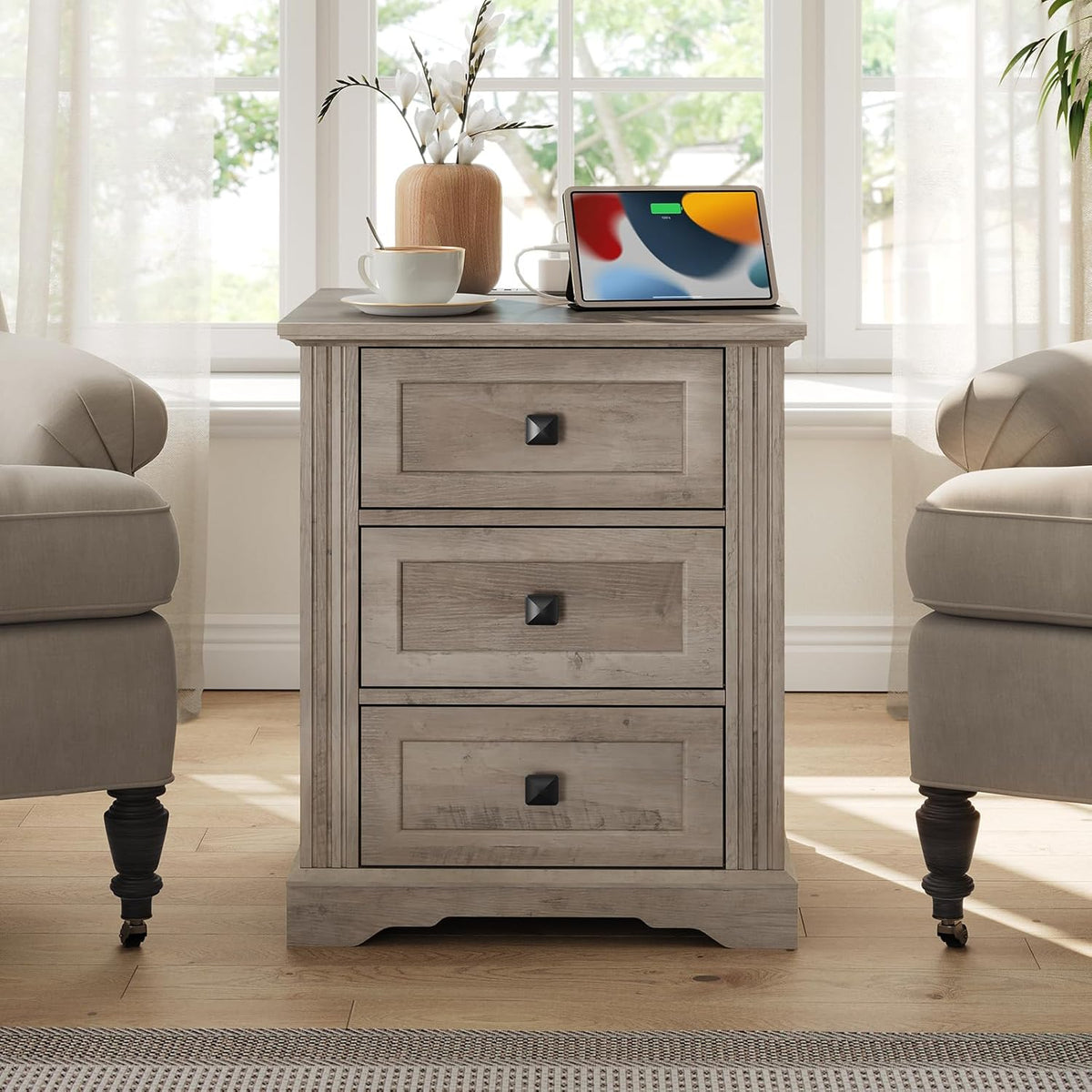 RALGEND Nightstand Set of 2, Night Stand with 3 Drawers, 18 Inch Wide End Table with Charging Station, Farmhouse Nightstand, Bedside End Tables Living Room, Bedroom, Greige