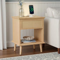 Ink+Ivy End Table with Handwoven Rattan Design, Night Stand with Storage Drawers and Shelves, Equipped with Charging Function and LED Light, Solid Wood Material, for Bedroom, Small Space
