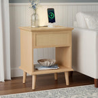Ink+Ivy End Table with Handwoven Rattan Design, Night Stand with Storage Drawers and Shelves, Equipped with Charging Function and LED Light, Solid Wood Material, for Bedroom, Small Space
