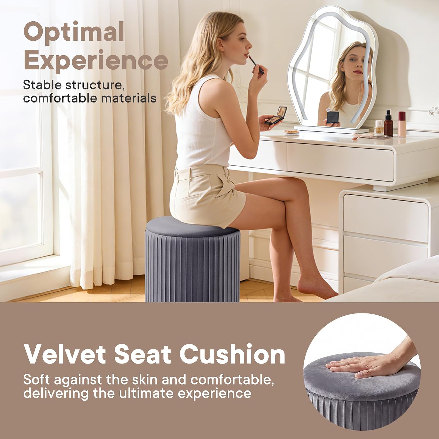 DUMOS Round Ottomans with Storage Set of 2, Vanity Stool, Foot Stool | 14.57"D x 18.11"H and 12.60"D x 14.96"H, Velvet Sturdy Ottoman for Living Room, Bedroom, Dorm, Small Apartment, Black