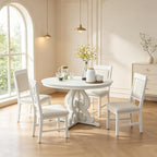 Extendable Dining Table Set for 4-6, Farmhouse Kitchen Table Set with Extendable Round Dining Table & 4 Upholstered Chairs, Solid Wood Table and Chairs Set for Kitchen, Dining Room, Antique White