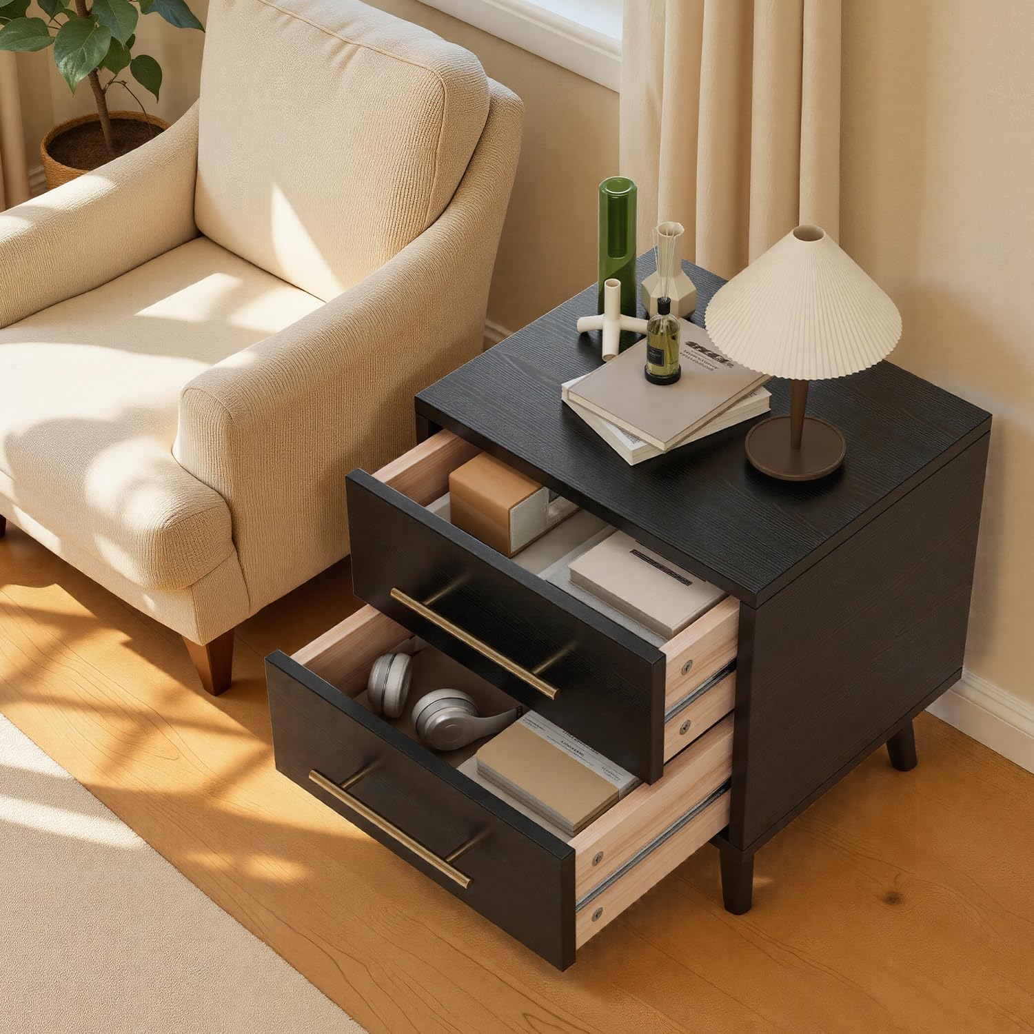 Ahomly Night Stand with 2 Drawers, Solid Wood Side Table for Bedroom, Black | Solid Wood Bedside Table with Two Drawers, Metal Handle, Compact Storage for Bedrooms and Sofa Sides
