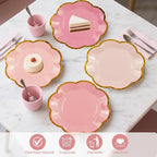 48Pcs Light Pink Scalloped Party Plates - 7inch Gold Foil Gradient Pink Dessert Paper Plate Disposable Cake Plates for Birthday Bridal Baby Shower Wedding Party Decorative Supplies