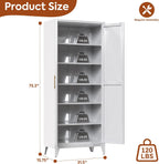 Metal Pantry Cabinet, 75.3-Inch Tall, 5 Adjustable Shelves, White | 75.3"H x 31.5"W x 15.75"D steel cabinet with 5 adjustable shelves, embossed doors, adjustable feet, and required assembly.
