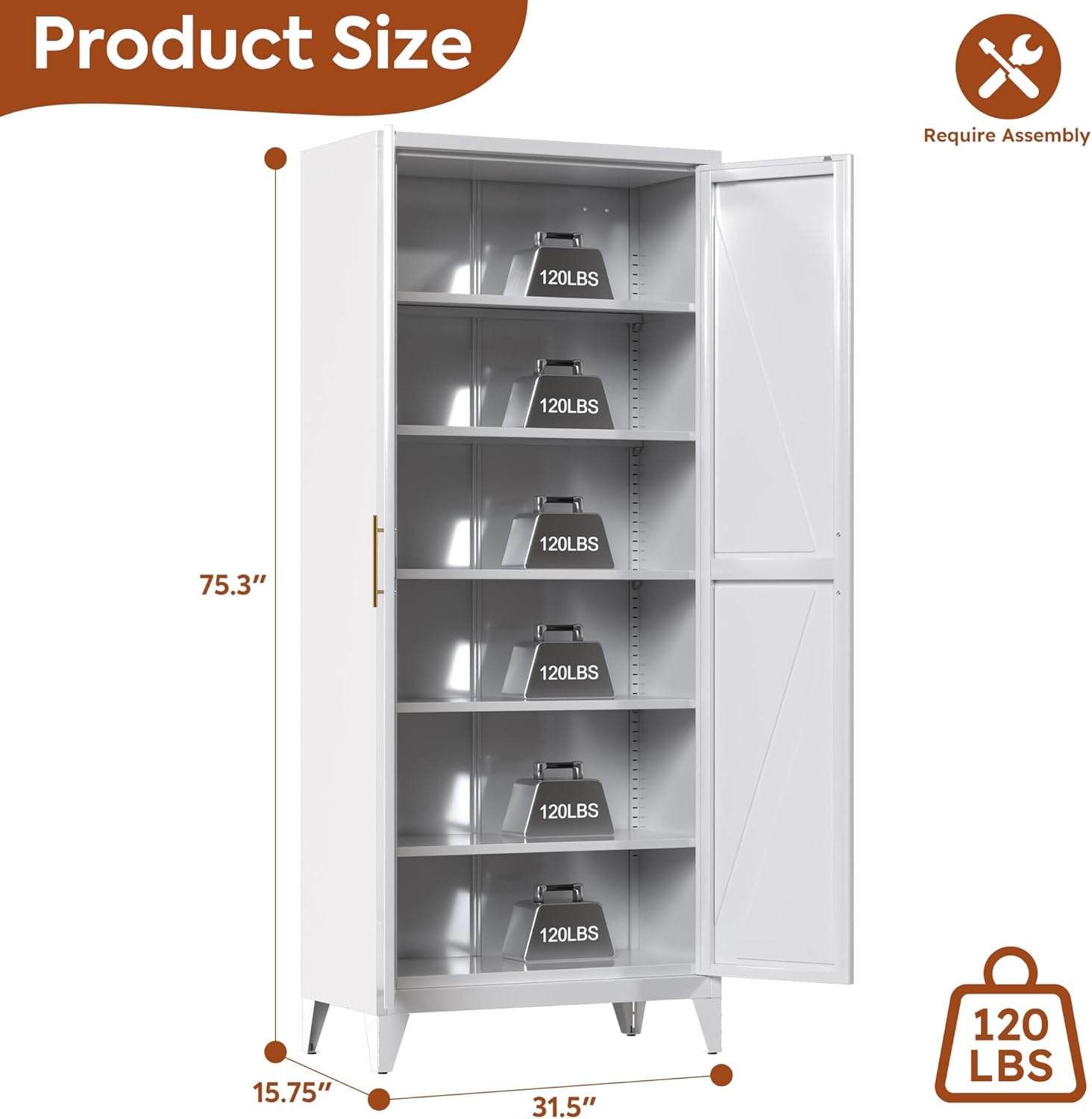 75.3" H Kitchen Pantry Cabinet with 5 Adjustable Shelves, Farmhouse Metal Pantry Cabinet with 2 Doors for Kitchen Home, Assembly Required,White