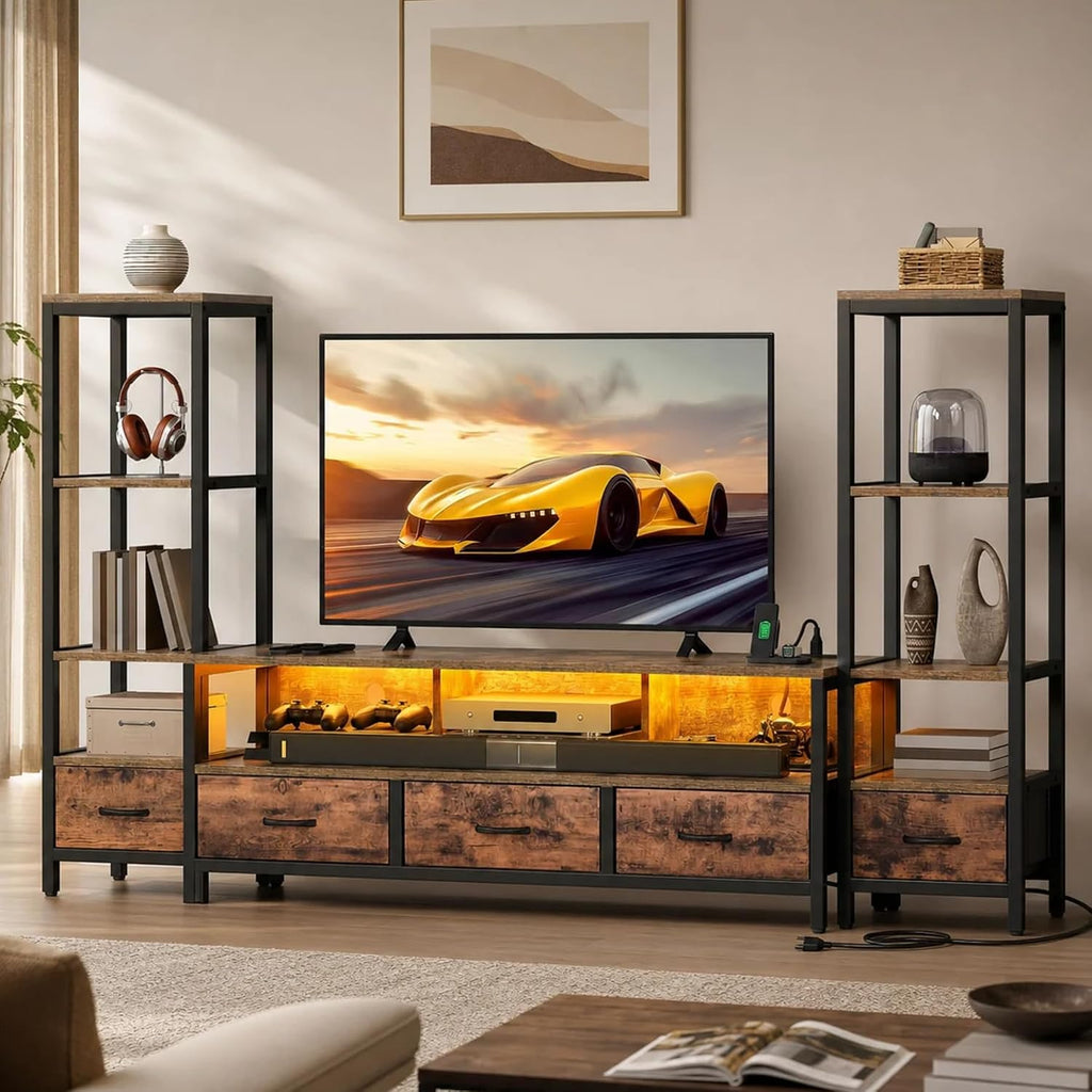 DWVO Industrial LED TV Stand for 65 Inch TVs, Entertainment Center with 2 4-Tier Bookshelves & Power Outlets, Media Console Table with 5 Drawers & Open Storage for Living Room, Rustic Brown