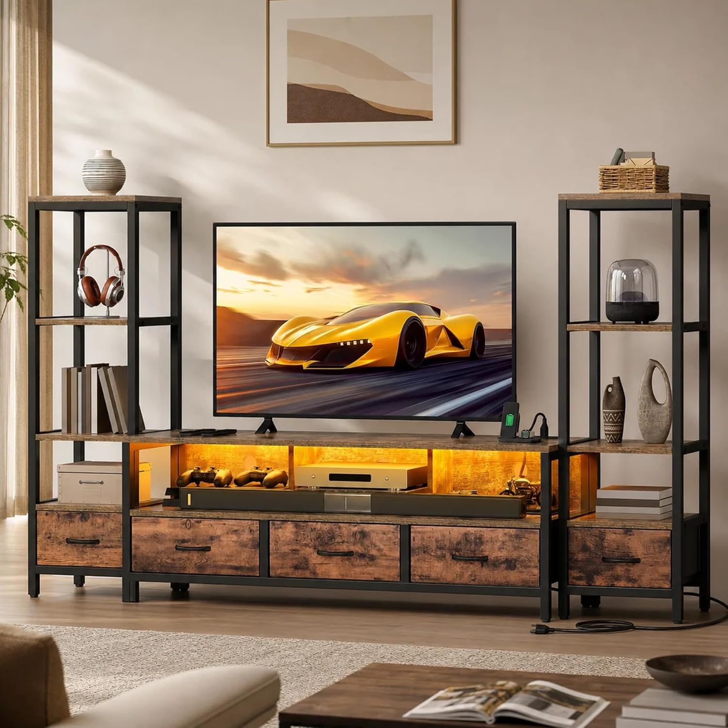 DWVO Industrial LED TV Stand for 65 Inch TVs, Entertainment Center with 2 4-Tier Bookshelves & Power Outlets, Media Console Table with 5 Drawers & Open Storage for Living Room, Rustic Brown