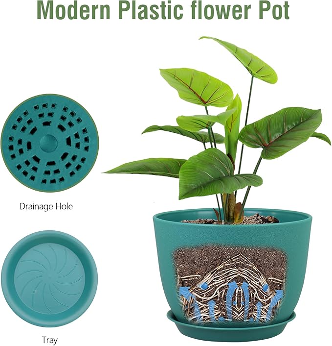 Plant Pots 12 inch, Plastic Planters with Drainage Holes and Saucers, Large Flower Pots for Indoor Outdoor Plants, Modern Decorative Pots for Garden House Plants, Blue Green